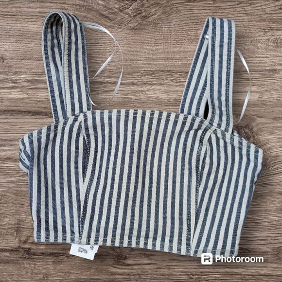 Zara Denim Blue & White Striped Crop Top NWT - Picture 1 of 5